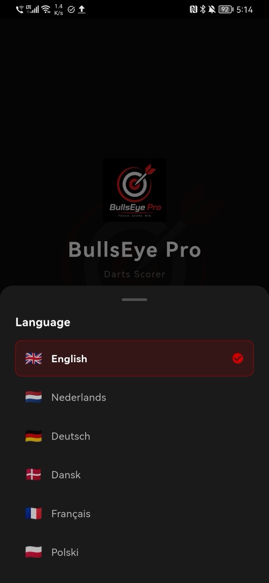 BullsEye Pro sprogvalg med engelsk, hollandsk, tysk, dansk, fransk og polsk
