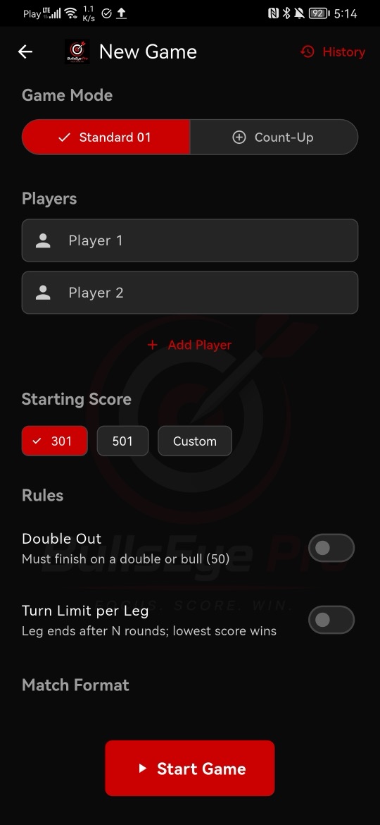 BullsEye Pro nyt spil med 501, spillere, double out og legs